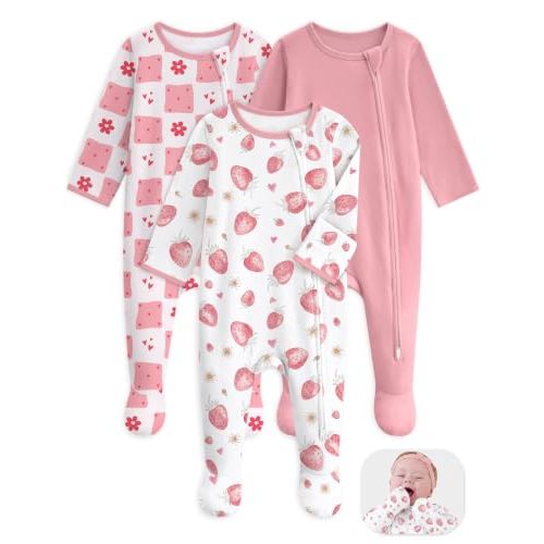Unnivoll Baby Sleepers 100% Cotton Baby Pajamas Baby Boys Girls Clothes | Footie Pajamas for Newborn 0-3 3-6 6-9 Months, 3Pcs Soft Infant Footed PJs with Mitten Cuffs, Two Way Zipper, Long Sleeve