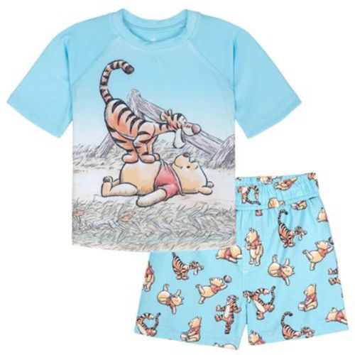 Disney Winnie the Pooh Infant Baby Boys Raglan Rash Guard and Swim Trunks UPF 50+ Outfit Set Sky Blue 24 Months