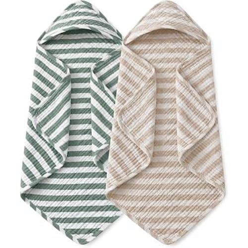 Yoofoss Hooded Baby Towels for Newborn 2 Pack 100% Muslin Organic Cotton Baby Bath Towel with Hood for Babies, Infant, Toddler and Kids, 32x32Inch, Soft and Absorbent, Beige Green Striped