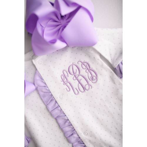 Baby girl coming home outfit, monogrammed footie, newborn clothing, girl clothing, baby shower gift, sleeper, ruffle footie lavender dot
