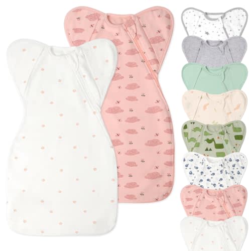 Organic Cotton Baby Sleep Sacks Swaddles 0-3 Months Newborn Girls 2 Packs | Hands Up 3-Way Transitions to Arms-Free Wearable Sleeping Sack Bag Soft Arms Up Swaddle Blanket Snug Fit Calms Startle Reflex