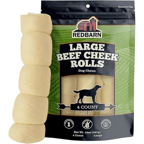 Redbarn Pet Products All-Natural Large Beef Cheek Rolls for Dogs, Uncoated - Single Ingredient Grain-Free Chew Treat Naturally Rich in Collagen - No Artificial Preservatives - Pack of 4
