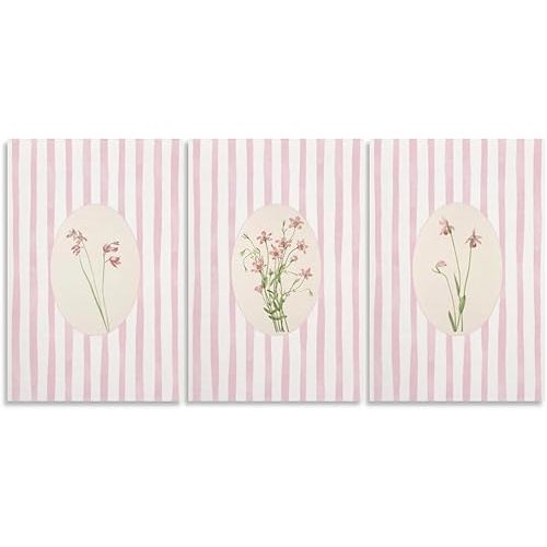Pink Striped Floral Wall Art Set of 3 Rustic Farmhouse Botanical Canvas Prints Vintage Cottagecore Flower Poster for Girls Room Bedroom Bathroom Nursery Aesthetic Wall Decor 12x18inch Unframed