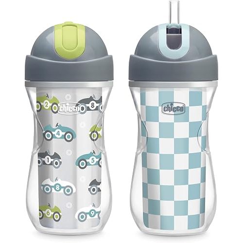 Chicco Insulated Straw Sippy Cup 12+ Months, 9oz Toddler Training Cup with Spill-Free Flip-Top Lid, BPA-Free 2-Pack, Cars/Checkers
