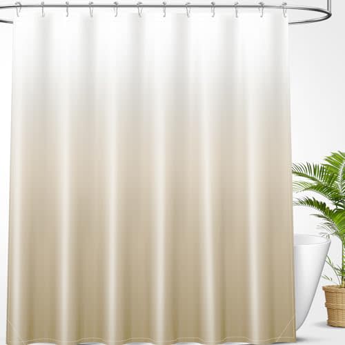 OLANLY Luxury Light Beige and White Ombre Shower Curtain Sets with 12 Hooks, Waterproof and Washable Decorative Shower Curtains for Bathroom, 72x72 Inches