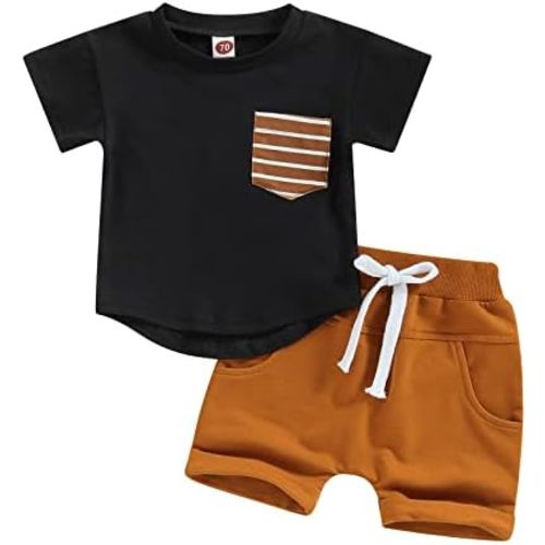 Rtnnsbbfcm Newborn Baby Boy Summer Clothes Short Sleeve Color Block Front Pocket T-Shirt Top Shorts 2Pcs Casual Outfit