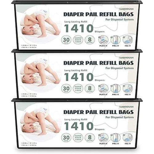 Diaper Pail Refill Bags - Compatible with Genie Easy Roll Signature & Platinum Pails | Each 30 Bags Holds Up to 1410 Newborn Diapers | 7-Layer OdorLock Technology | 3 Pack(90 Bags)