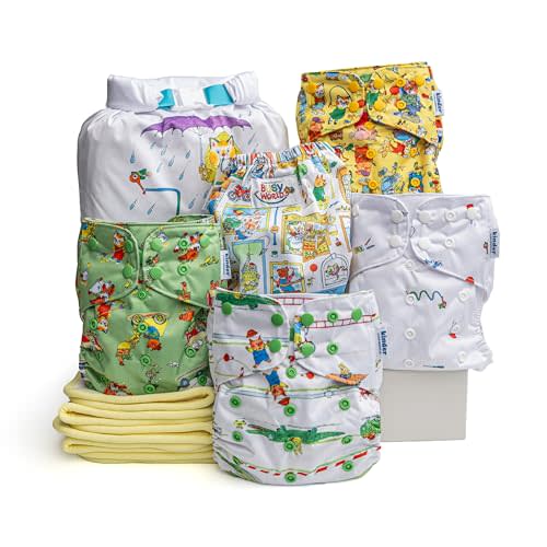 Kinder Cloth Diapers Reusable Baby Diapers Pocket Style Athletic Wicking Jersey, Bamboo Viscose Inserts, Wet Bag, Newborn to Potty Training 7-60lbs, One Size (Richard Scarry, 5 Pack, with Inserts)