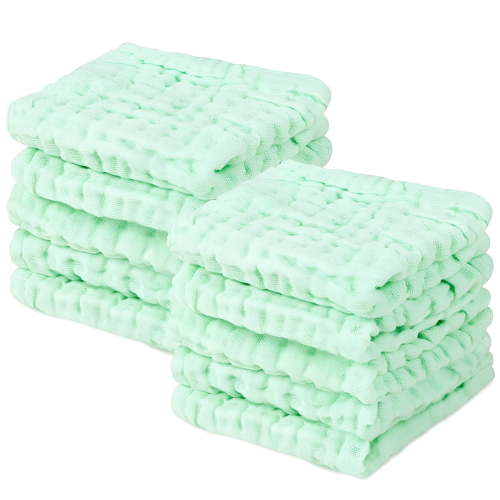 AUQ 10PCS Baby Muslin Burp Cloths Cotton Hand Washcloths 6 Layers Extra Absorbent Soft Towel Gauze Kindergarten Facecloth-Green