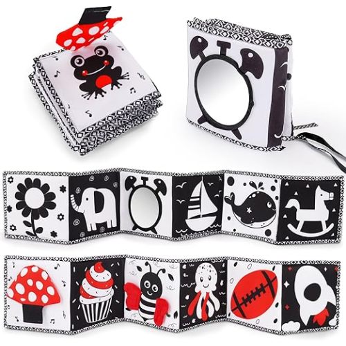 Black and White High Contrast Toys for Baby 0-3 3-6 months Infant Tummy Time Soft Book Sensory Musical Toy 0-2-4-6 month Babies Brain Development Montessori Crinkle Book Mirror Newborn Shower Gifts