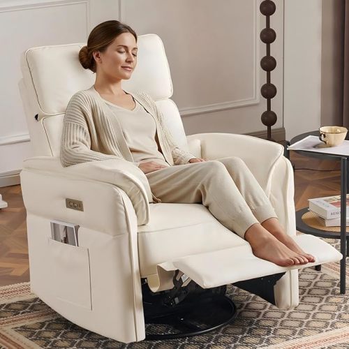 MELLCOM Power Recliner Rocking Chair Nursery Gliders with Adjustable Armrests and Headrest, Swivel Electric Glider Reclining Nursing Chair with Storage Bags and USB Port, FSC Certified,Beige Fabric