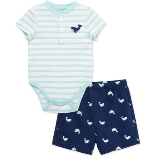 Stripe Whale Embroidered Cotton Bodysuit & Shorts Set, 6M
