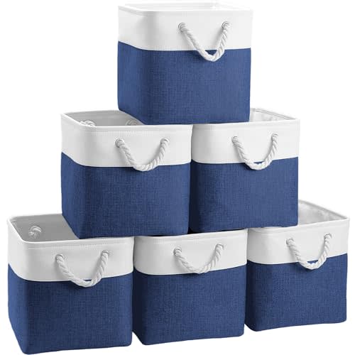 FinishingBo 11 inch Cube Storage Bin with Handles 6 Pack | Foldable Basket, Fabric Storage Bins, Closet Storage, Home Organizer (White/Navy Blue)