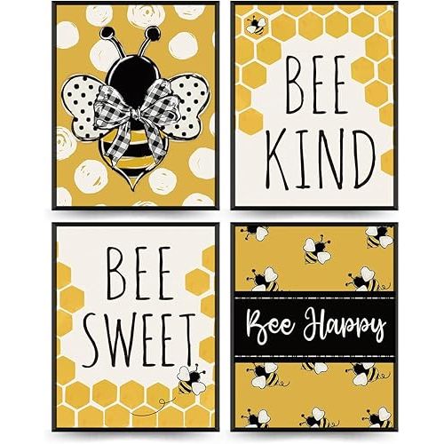 PLKMN Bee Wall Decor Set of 4, Home and Summer Decor, Bumble Bee Kind Wall Art, Yellow Prints 8x10 Inch (Unframed)