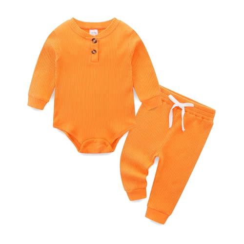 JingleBaBa Unisex Baby Outfits Long Sleeve Onesie Snug Ribbed Cotton Bodysuit Infant Solid Tops Pants 2PCS