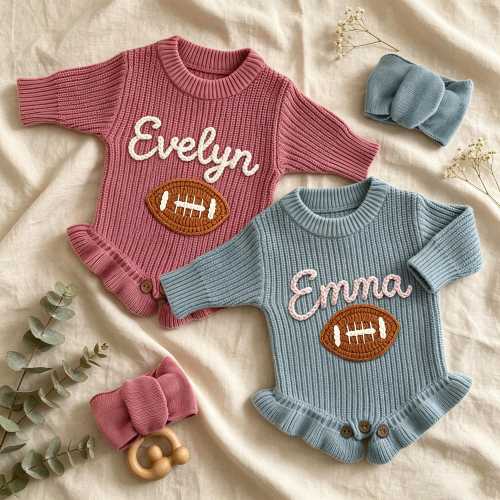 Custom Football Baby Romper, Hand Knitted Baby Name Romper, Game Day Outfit, Sports Team Romper, Baby Girl Ruffle Romper, Personalized Gift