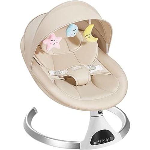 Electric Baby Swing for Infants to Toddler, Portable Babies Swinger for Newborn Boy and Girls with 5 Swing Speed, Remote Control Music Speaker with 12 Preset Lullabies Enabled Bluetooth (Khaki)