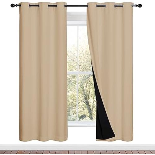 NICETOWN Living Room Completely Shaded Draperies, Privacy Protection & Noise Reducing Ring Top Drapes, Black Lined Insulated Window Treatment Curtain Panels(Biscotti Beige, 2 Pieces, W42 x L72)