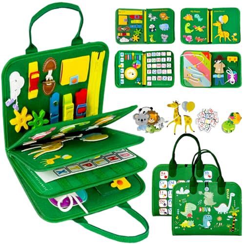 Qizfun Toddler Busy Board Montessori Toys – Sensory Busy Book, Educational Learning Travel Toy for Airplane & Car, Keeps Toddlers Engaged, Birthday Gifts for Toddler Boys Girls