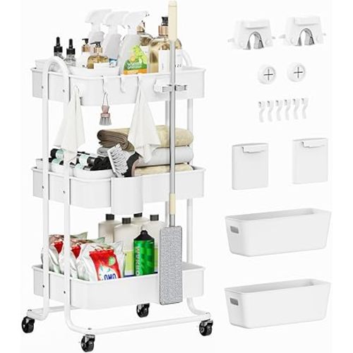 3 Tier Metal Rolling Utility Cart Organizer, Cleaning Supplies Carts with Lockable Wheels, Hanging Cups, Baskets, Mop Holder Hooks, Kitchen Storage Trolley Cart Laundry Garage Bathroom, White
