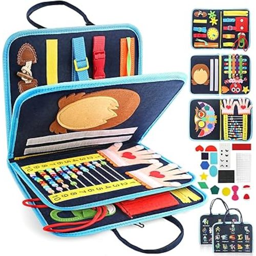 Toddler Busy Board, Montessori Sensory Toys for Boys, 1-4 Year Old Girl Toddler Travel Toys, Educational Learning Activities Board for Motor Skills, Birthday Gifts for Airplane Car, Blue Dinosaur