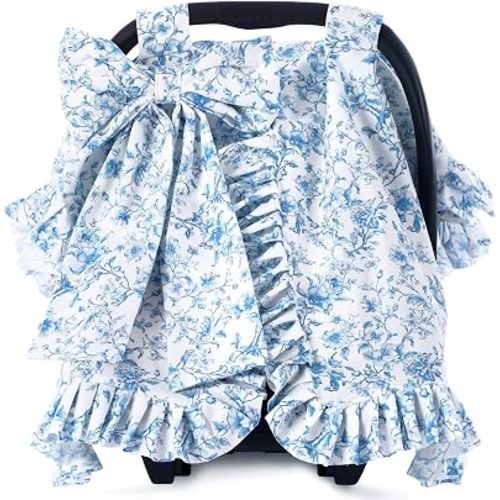 Tallew Blue Floral Baby Car Seat Cover for Girls and Boys with Bow, Soft Breathable Infant Carseat Canopy, Universal Fit Stroller Sun Shade for Wind & Inset Protection
