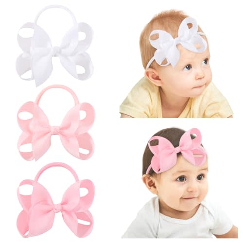 jollybows 3 PCS 4" Baby Girls Headbands Grosgrain Ribbon Hair Bows | Nylon Hairbands Hair Accessories for Baby Girls, Infants, and Toddlers Pink White
