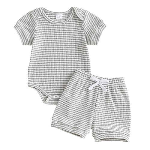 Unisex Baby Boy Girl Striped Romper Waffle Short Sleeve Bubble Oversized Romper Bodysuit Summer Onesie Clothes