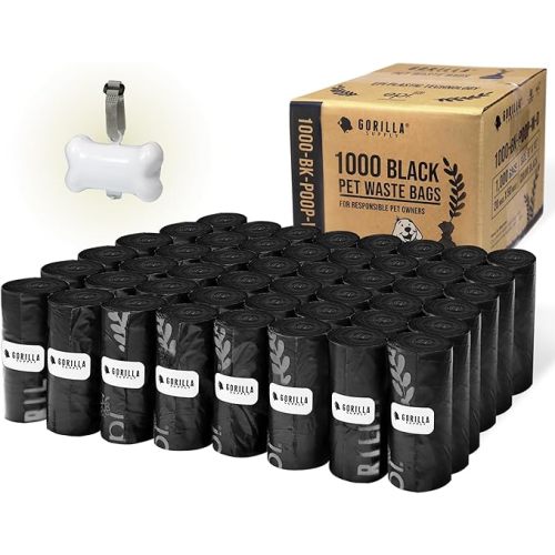 GORILLA SUPPLY Dog Poop Waste Bags with Dispenser and Leash Tie, 9" x 13", Black, 1000 Count