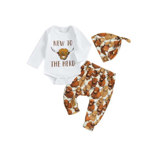 Elippeo Baby Boy Fall Western Outfit Cow Print Long Sleeve Rompers and Elastic Pants Hat Set Spring 3 Piece Clothes 3 6 12 18 Months