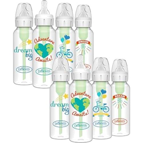 Dr. Brown's Anti-Colic Options+ Narrow Baby Bottle, Dream Adventure, 8-Pack | Clinically proven to reduce colic, bottle with Level 1 slow flow nipple, 8 oz, 0m+, BPA-free