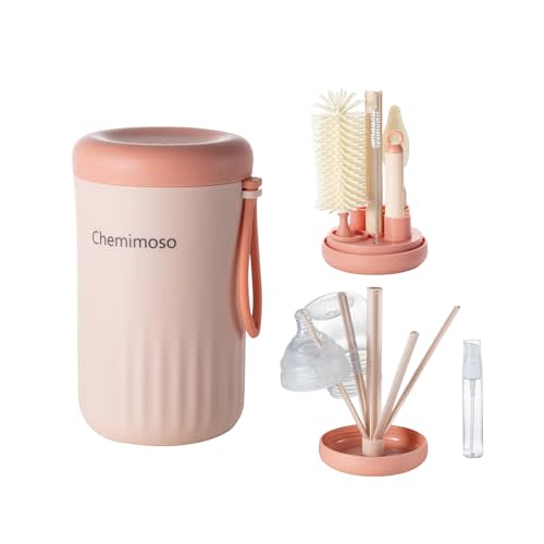 Chemimoso Travel Silicone Baby Bottle Cleaner Brush Set, Foldable Baby Bottle Drying Rack, Essential Cleaning Set for Outdoor Travel, Pink