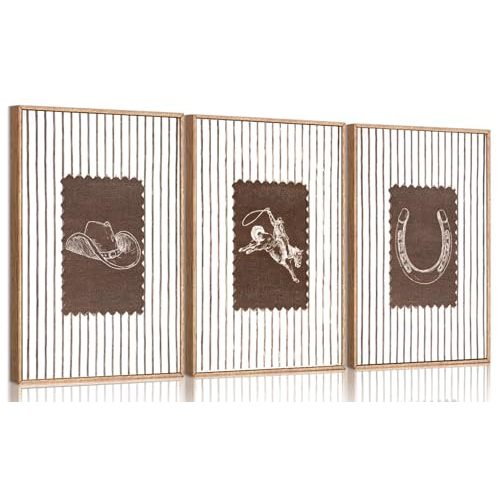 3Pcs Western Cowboy Wall Art Vintage Striped Cowboy Rodeo Wall Decor Pictures Retro Neutral Gallery Posters Prints for Boys Room Bathroom Bedroom Home Decoration Unframed 12x16in