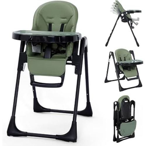 Kinder King Convertible High Chair for Babies & Toddlers, Adjustable Baby Feeding High Chair with Removable Double Tray, Simple Compact Fold for Space-Saving, 2 Built-in Wheels, Easy to Clean, Green