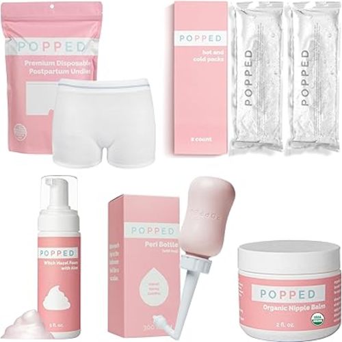 Popped Peri Bottle, Witch Hazel Foam, Disposable Underwear, Organic Nipple Balm, Hot and Cold Packs | Postpartum Essentials Bundle
