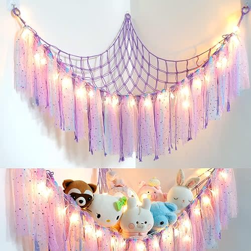 Dremisland Rangement pour animaux en peluche avec guirlandes lumineuses - Hamac à suspendre pour animaux en peluche avec pompons en dentelle pour chambre d'enfant, salle de jeux, chambre d'enfant