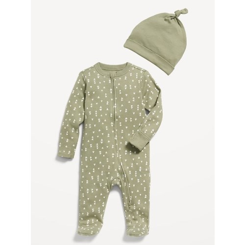 Unisex Sleep & Play 2-Way-Zip Footed One-Piece and Beanie Layette Set for Baby