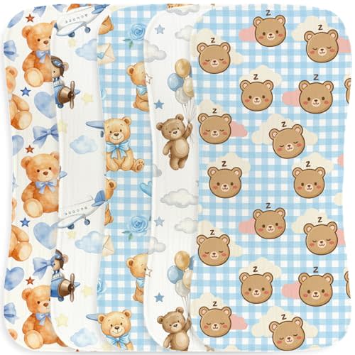 5Pcs Blue Baby Burp Cloths for Baby Boys with Teddy Bear Theme Design, Soft and Absorbent Cotton Baby Burping Cloths for Newborns Gifts Nursery Decor 9.8X19.6 Inches