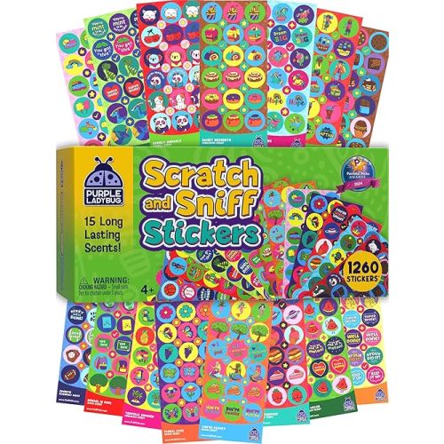 Purple Ladybug 1260 Variety Scratch and Sniff Stickers - 15 Unique Scents - Fun and Motivational Rewards for Kids and Teachers Must Haves, Smelly Sticker for Classroom, & Back to School Gift