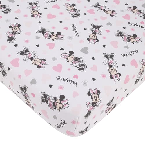 Disney Minnie Mouse My Happy Place Pink, Black, Gray, and White 100% Cotton Nursery Fitted Crib Sheet