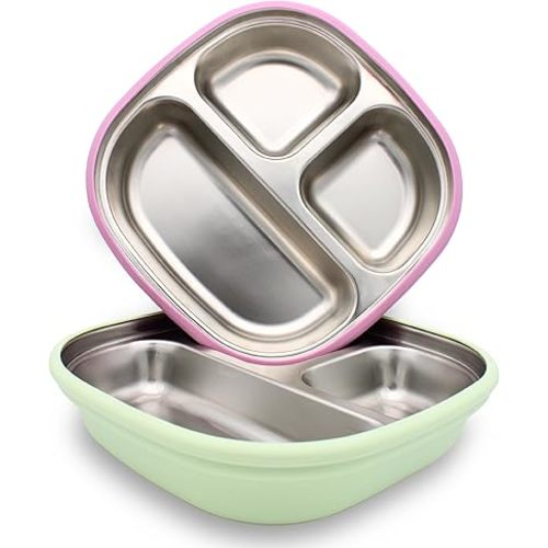 Stainless Steel Kids Plates | Removable Silicone Sleeve with Suction | Divided Sections | Non Toxic & BPA Free | Dishwasher Safe | Baby Led Weaning | Toddler Plate Set | 2 Pack (Mint/Mauve)