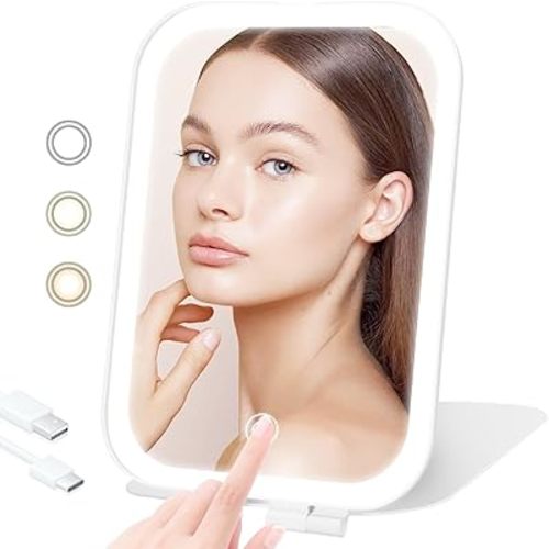 Travel Makeup Mirror, Portable Mirror with 3 Adjustable Light Settings, USB-Rechargeable Vanity Mirror with Lights，Gift for Women and Girls