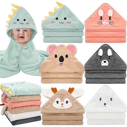 6 Pack Baby Hooded Bath Towels, Premium Ultra Soft Absorbent Coral Fleece Bath Towel Set for Newborns, Infants, Toddlers, and Kids, 31.5 X 31.5 Inch Hooded Towel for Boys and Girls
