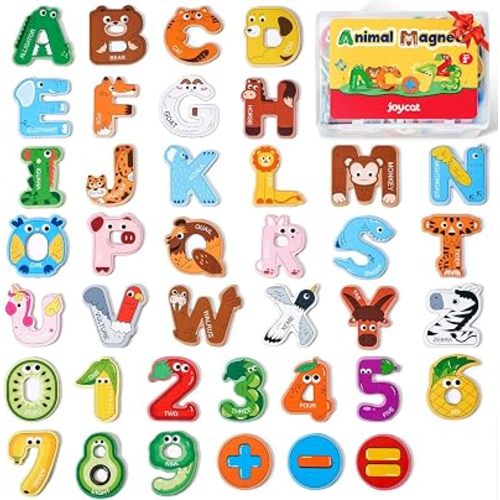 JoyCat Wooden Thick Alphabet Magnets for Toddlers Fridge Large Size Cute Animal Colorful ABC Magnetic Letters 26 Uppercase Letters 0-9 Numbers Toy Set for Kids Toddlers Preschool Learning Spelling