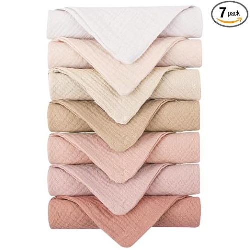 Pink Konssy Baby Muslin Washcloths 7-Pack, 100% Cotton Baby Bath Washcloths, Soft & Absorbent Wash Cloths and Burp Cloths for Newborn Kids Girls & Boys, 11x11 inches