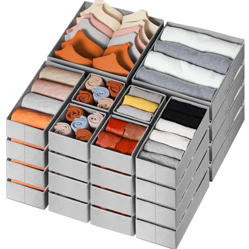 Criusia Drawer Organizer Clothes 24 Pack, Fabric Closet Organizers and Storage Bins for Underwear Sock, Odorless Dresser Drawer Dividers for Baby Nursery Organization (Grey)