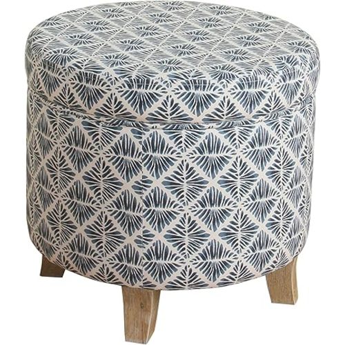 Homepop Home Decor | Upholstered Round Storage Ottoman | Ottoman with Storage for Living Room & Bedroom with Flared Legs, Navy Blue Geometric Pattern Large