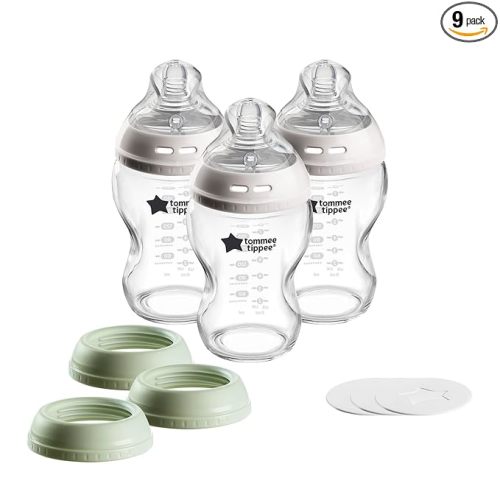 Tommee Tippee Natural Start 9 oz Glass Baby Bottles, Self Sterilizing, BPA & Phthalates Free, 0+ Months, Slow Flow Breast-Like Nipple for a Natural Latch, Travel Jar Lids, Cup Rings, Pack of 3