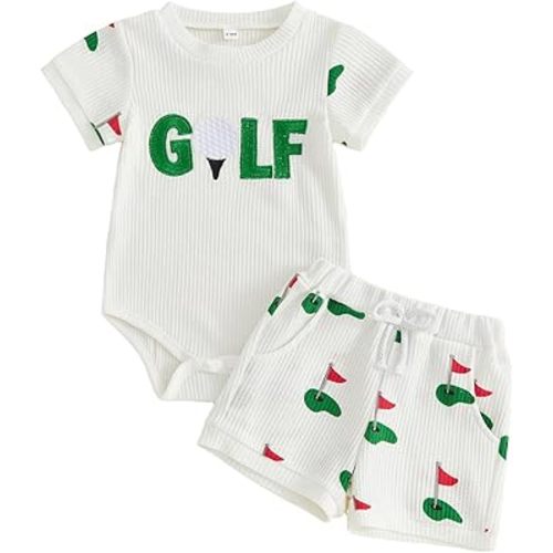 Kupretty Baby Boy Clothes 3 6 12 18 Months Summer Outfit Baseball Embroidery Waffle Short Sleeve Romper & Shorts Set