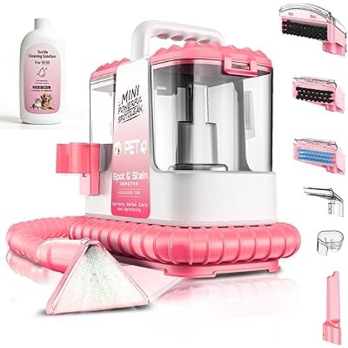 Portable Carpet & Upholestery Cleaner Machine for Pets, Spot, Stain, Couch Cleaner Machine with Powerful Suction and and Cleaning Solution, Car/Auto Detailer, Lightweight Compact Design, Pink
